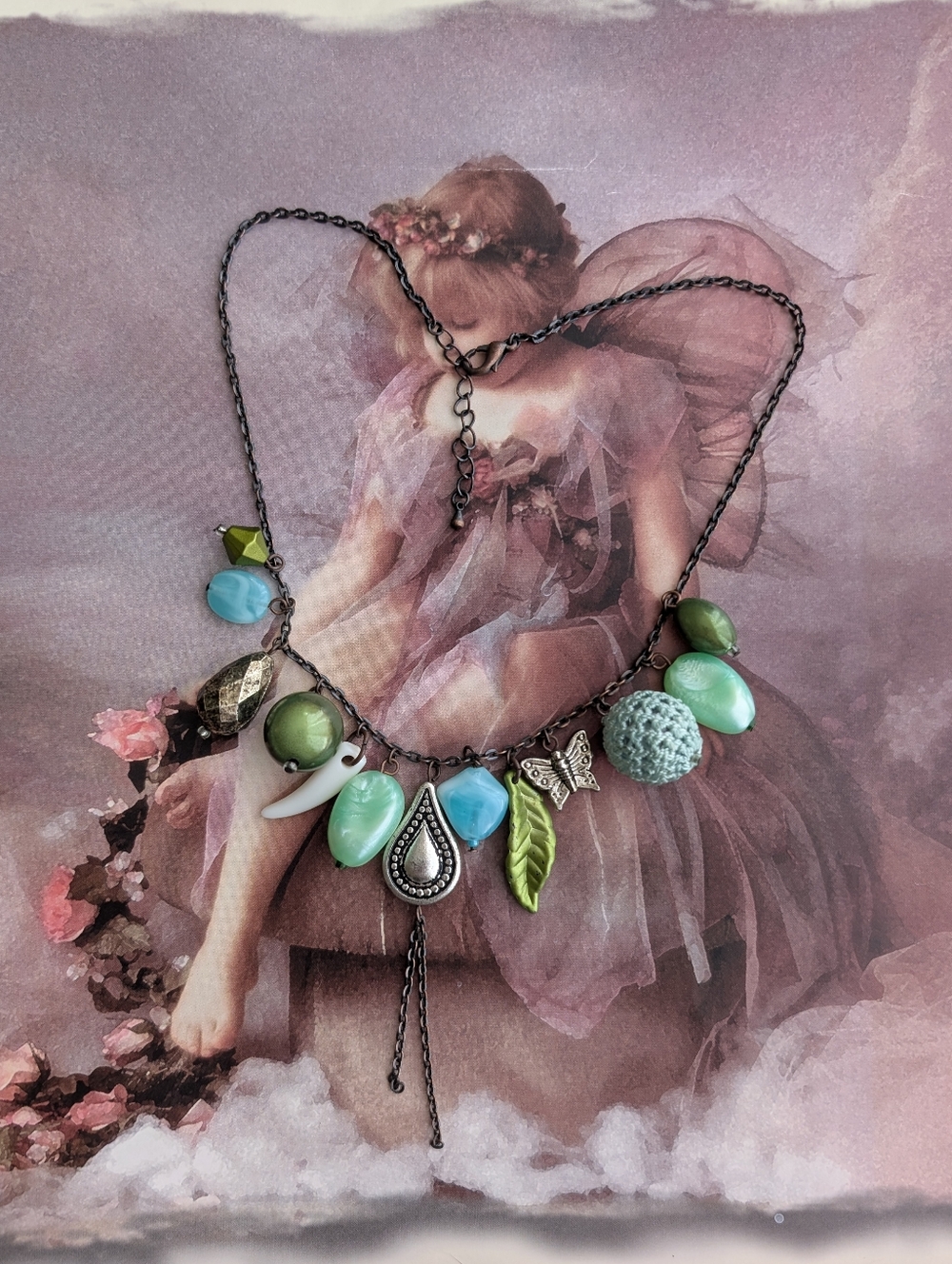 Source Unknown Green and Aqua Charm Necklace with Silver Accents